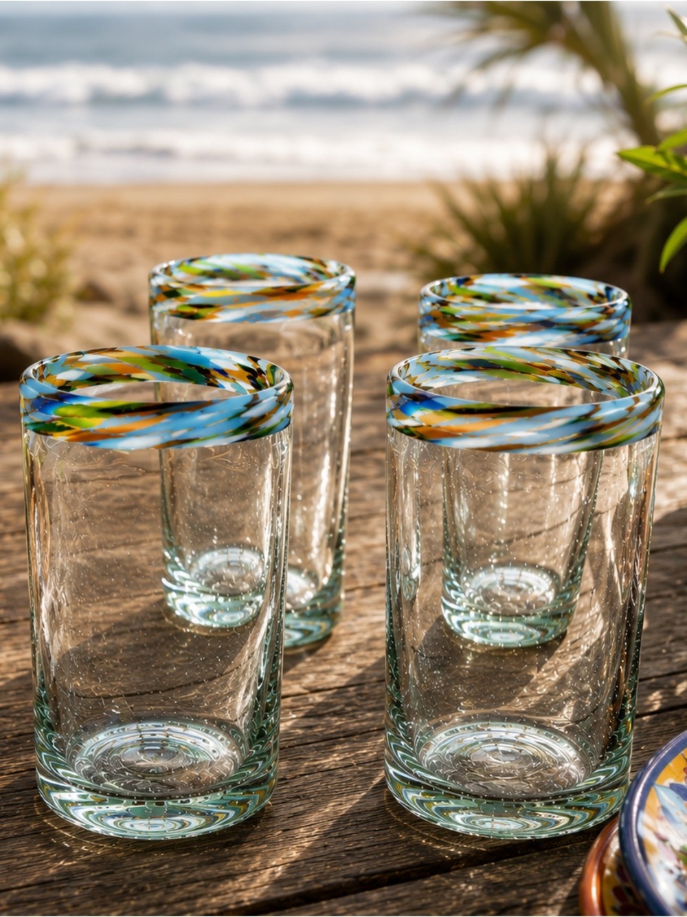 Artisan Confetti Handblown Drinking Glasses - Unique Colorful Rims -Set of 4